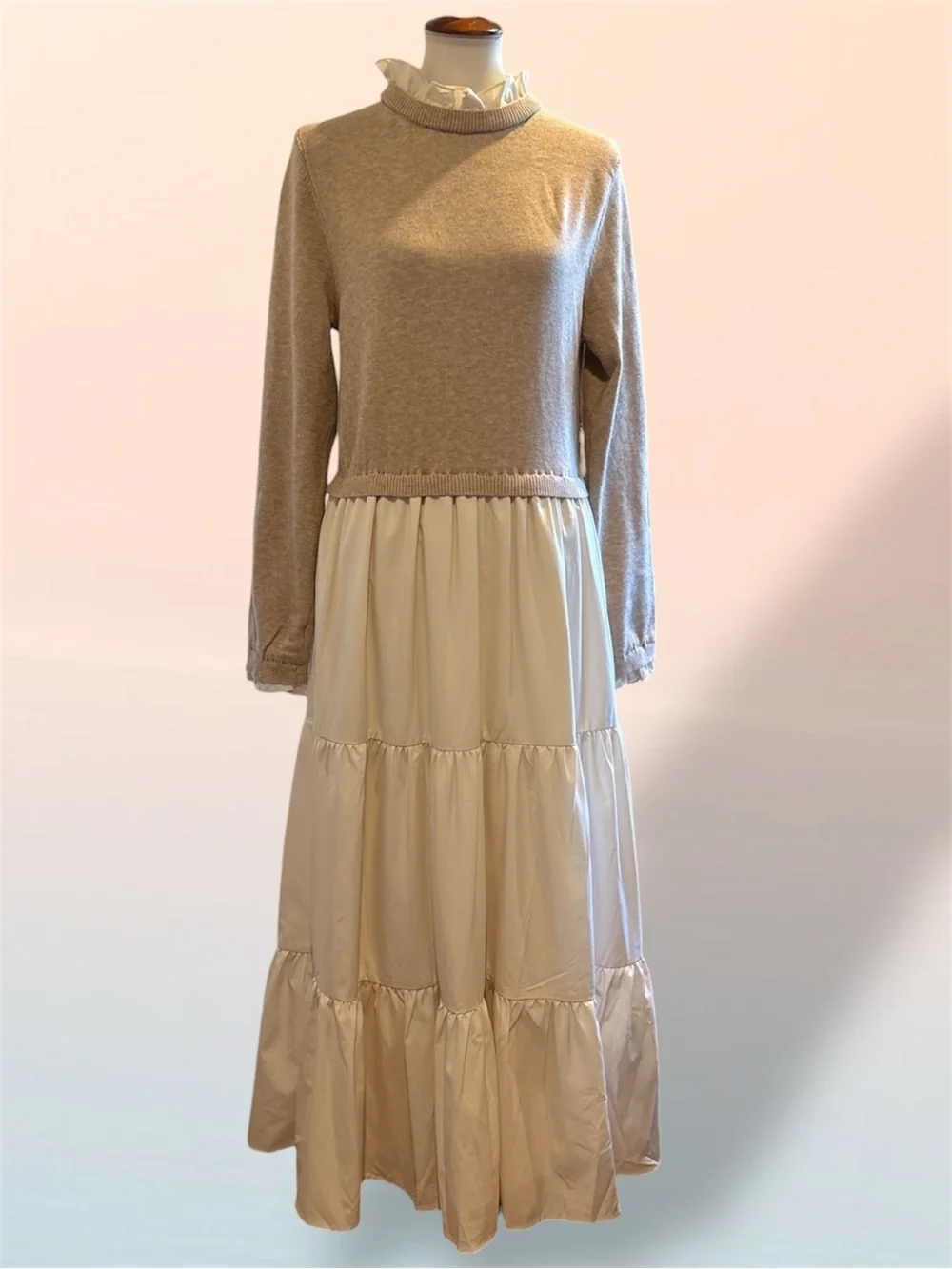 BALTIC BORN Sophie Sweater Dress Natural Tan Cream Tiered Maxi Ruffle Collar XL - Picture 6 of 8